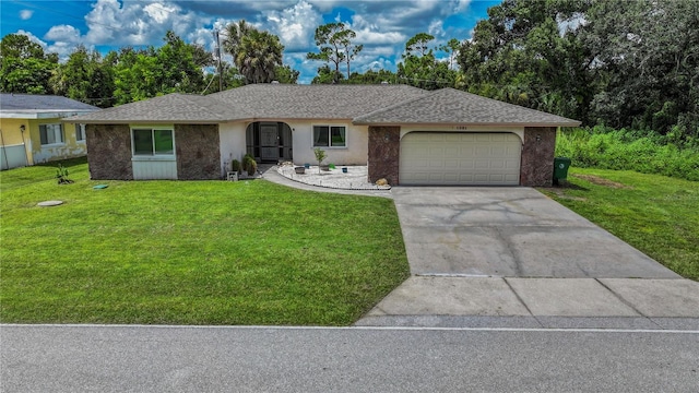 ranch-style home with a garage and a front yard