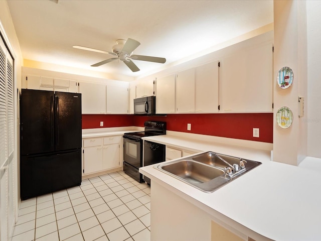 kitchen with sink, black appliances, light tile patterned floors, and ceiling fan