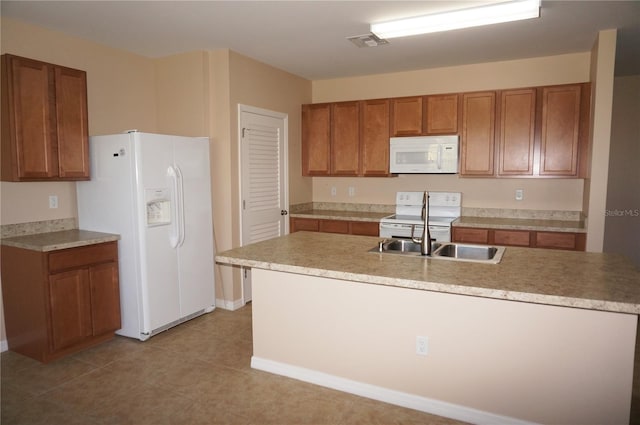 kitchen with sink, light tile patterned flooring, and white appliances