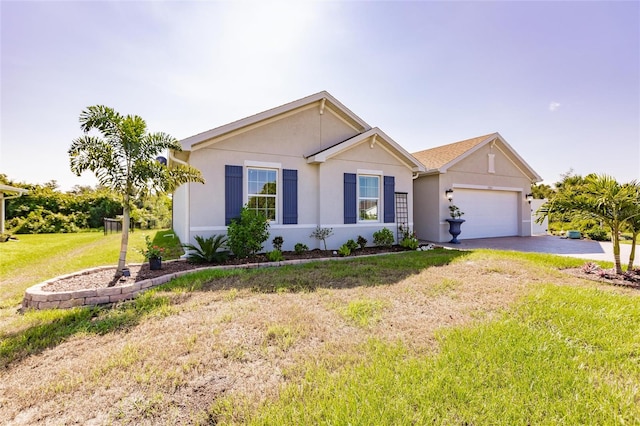 single story home with a front yard and a garage