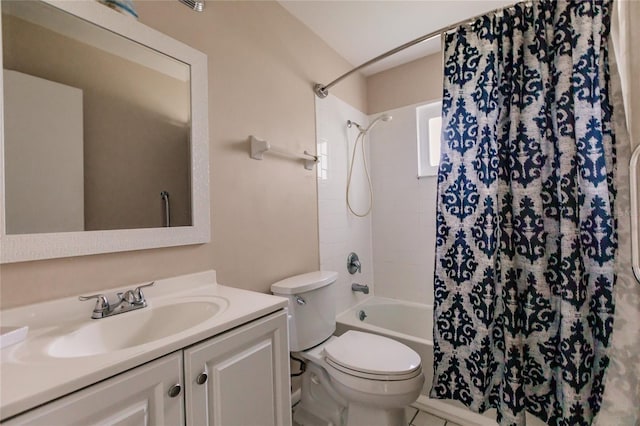 full bathroom featuring tile patterned flooring, shower / bath combination with curtain, toilet, and vanity