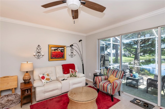 living room featuring a water view, ceiling fan, and crown molding