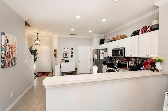 kitchen featuring tasteful backsplash, crown molding, light tile patterned floors, a peninsula, and stainless steel appliances