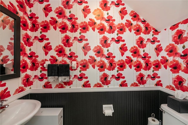 half bathroom with vaulted ceiling, toilet, and a sink