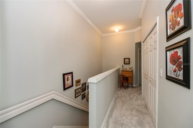 hallway with ornamental molding and light colored carpet