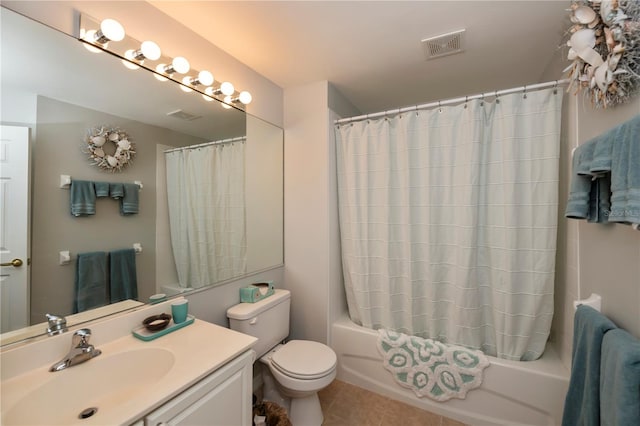 full bathroom featuring toilet, shower / bathtub combination with curtain, tile patterned flooring, and vanity