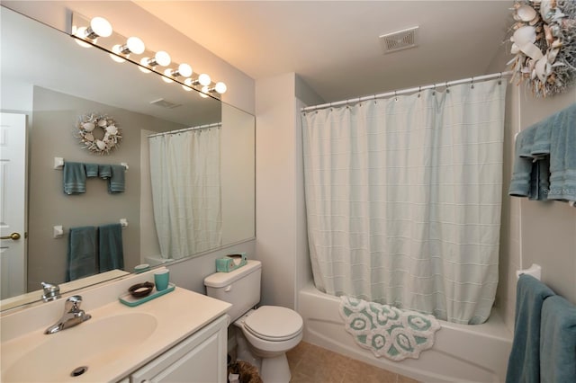 full bath with tile patterned floors, visible vents, toilet, shower / bath combination with curtain, and vanity