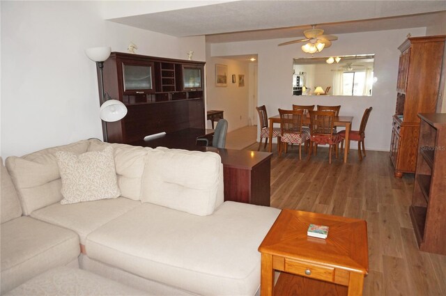 living room with hardwood / wood-style floors and ceiling fan