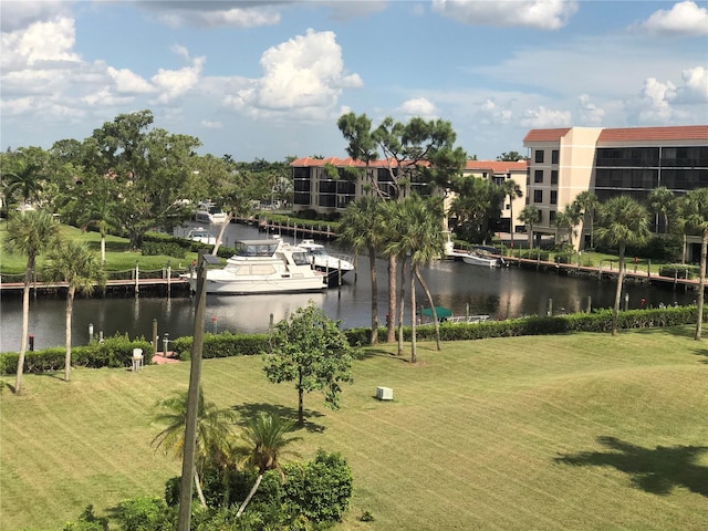 property view of water with a dock