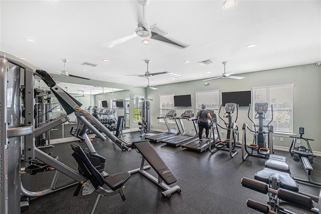 workout area featuring ceiling fan