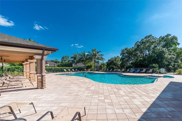 view of swimming pool featuring a patio