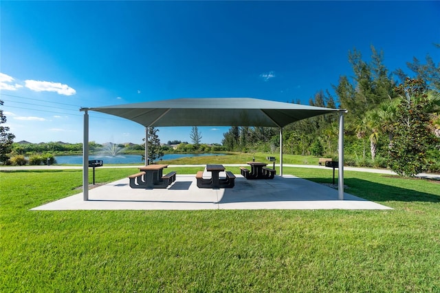 view of property's community featuring a water view and a lawn