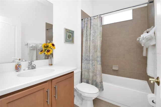 full bathroom with toilet, vanity, shower / bath combo, and tile patterned floors