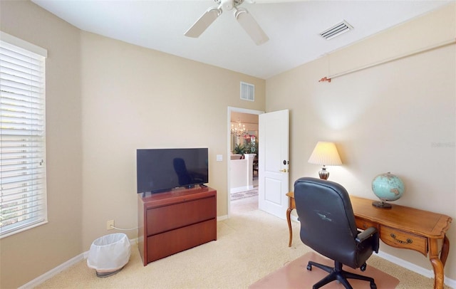 office with ceiling fan and light colored carpet