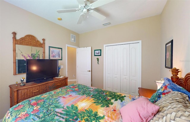 bedroom with ceiling fan and a closet