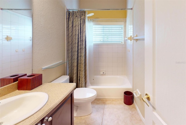 full bathroom featuring toilet, vanity, shower / tub combo, and tile patterned floors