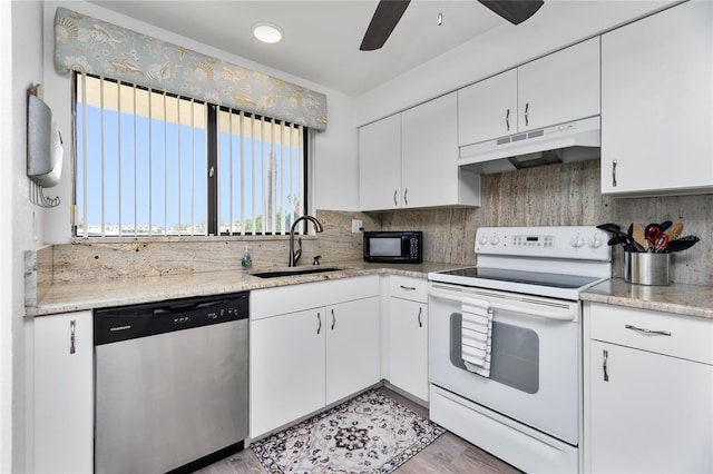 kitchen featuring light wood-type flooring, white cabinets, sink, electric range, and dishwasher