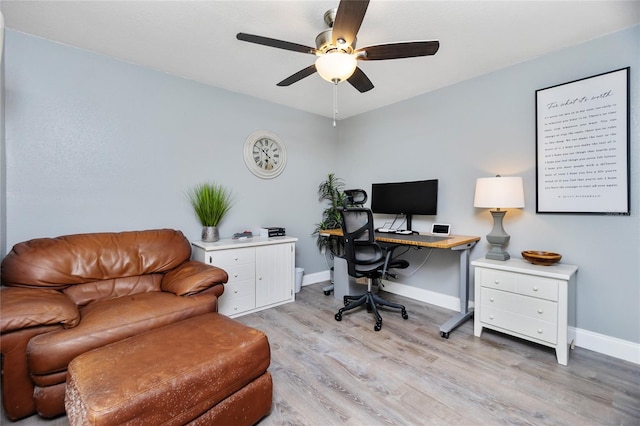 office space featuring ceiling fan and light wood-type flooring