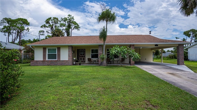 ranch-style house featuring a carport, driveway, a front lawn, and a porch