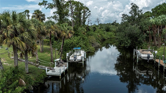 dock area with a water view and boat lift