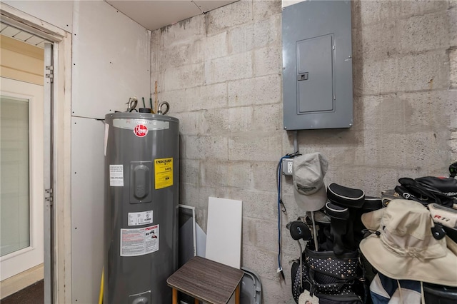 utility room with electric water heater and electric panel