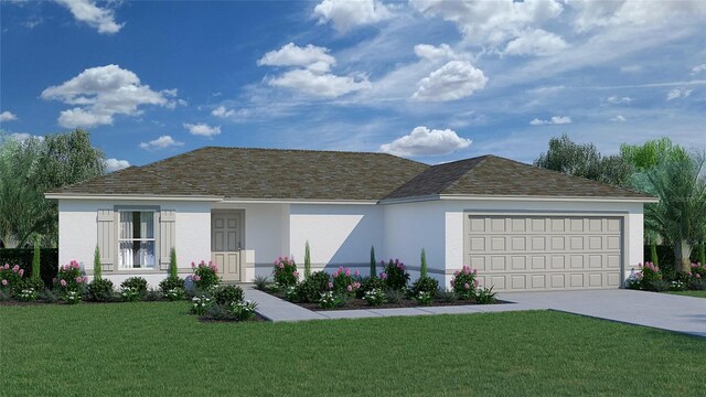 ranch-style house featuring a front lawn and a garage