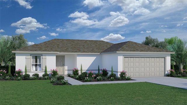 single story home with driveway, a front lawn, an attached garage, and stucco siding