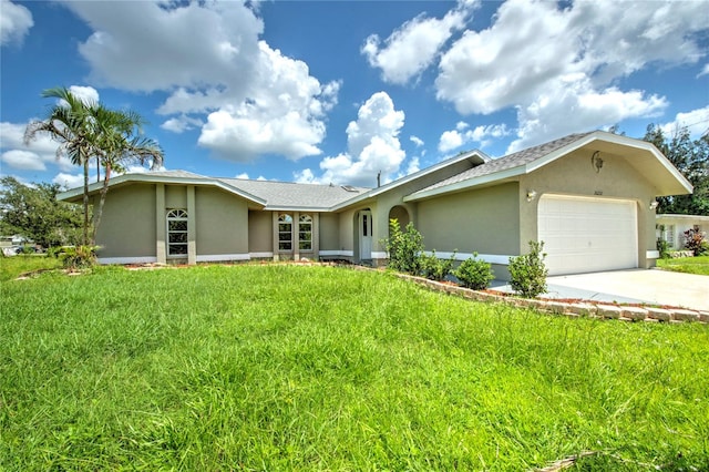 ranch-style home with a garage and a front lawn