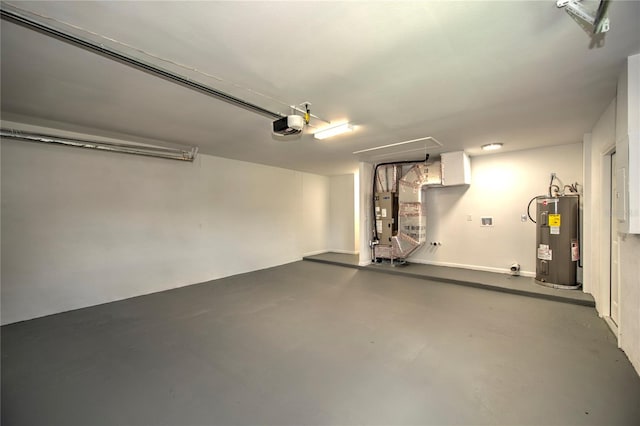 garage with a garage door opener, water heater, and heating unit