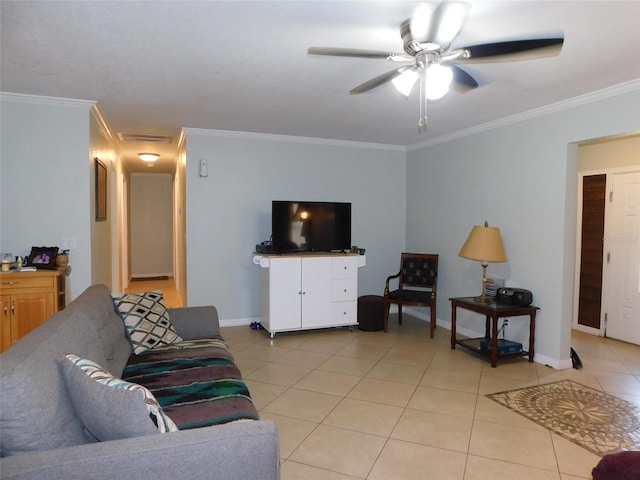 living room featuring ceiling fan, crown molding, and light tile patterned floors