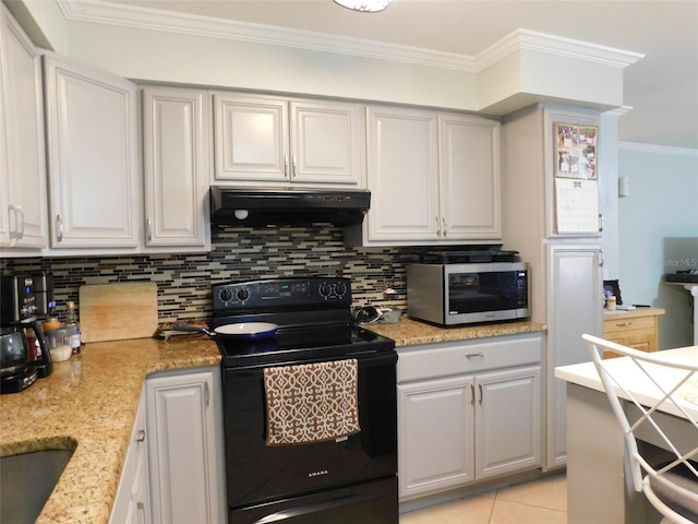 kitchen featuring decorative backsplash, ventilation hood, crown molding, light tile patterned flooring, and black electric range