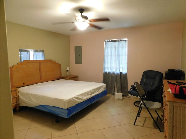 tiled bedroom featuring ceiling fan and electric panel