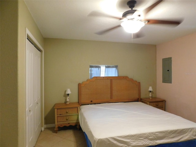 tiled bedroom featuring ceiling fan, a closet, and electric panel