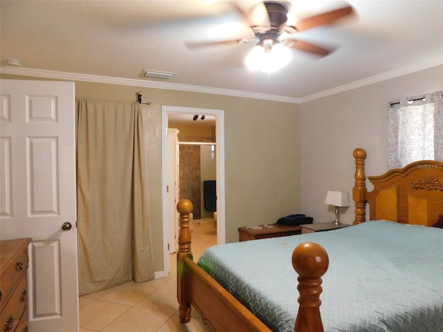 bedroom with ceiling fan, ensuite bathroom, crown molding, and light tile patterned flooring