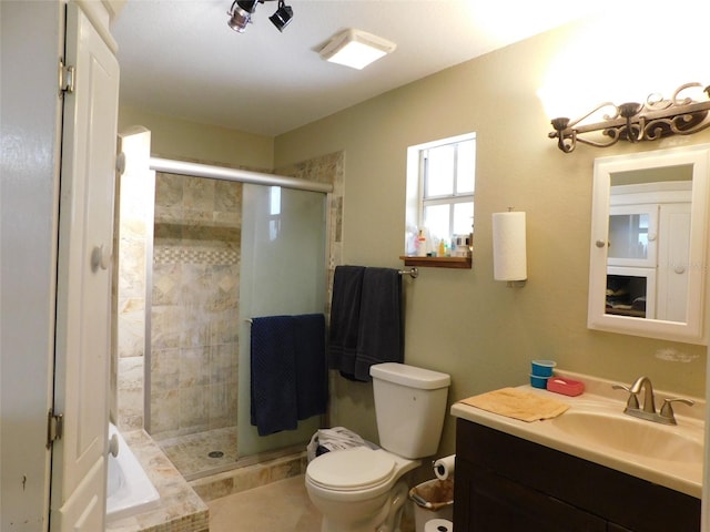 full bathroom with plus walk in shower, toilet, vanity, and tile patterned floors