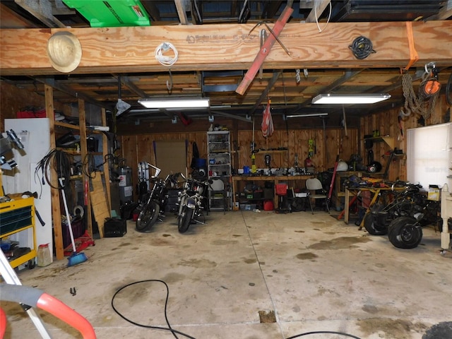 garage with a workshop area