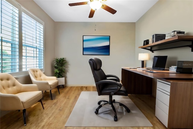 office area featuring ceiling fan and light hardwood / wood-style flooring