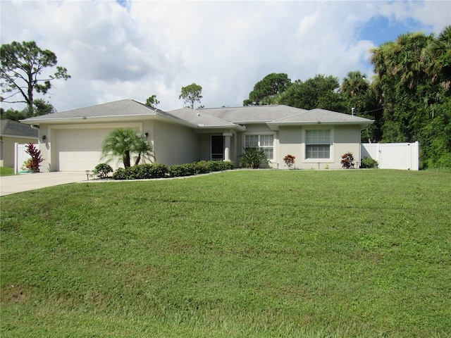 single story home featuring a front yard and a garage