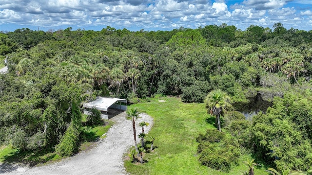 drone / aerial view featuring a view of trees