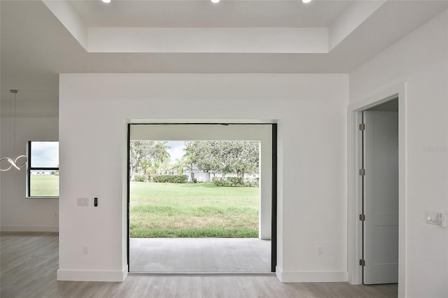 entryway with a tray ceiling and light wood-type flooring