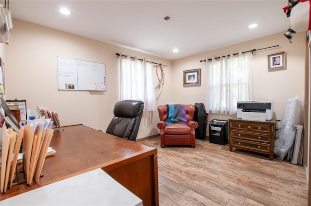 office with light hardwood / wood-style floors and a wealth of natural light