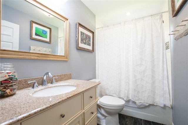 full bathroom with shower / tub combo with curtain, toilet, vanity, and wood-type flooring