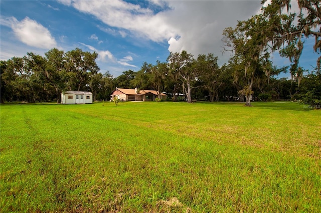 view of yard with a storage shed and an outdoor structure