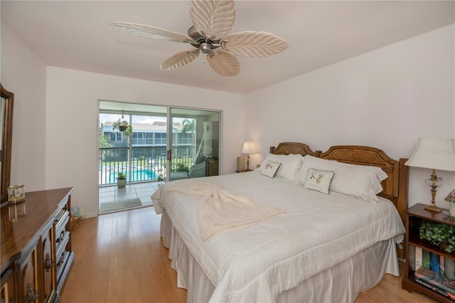 bedroom featuring ceiling fan, access to outside, and light hardwood / wood-style flooring