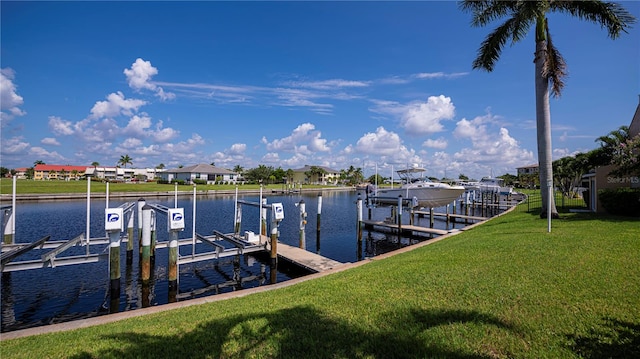 view of dock featuring a yard and a water view