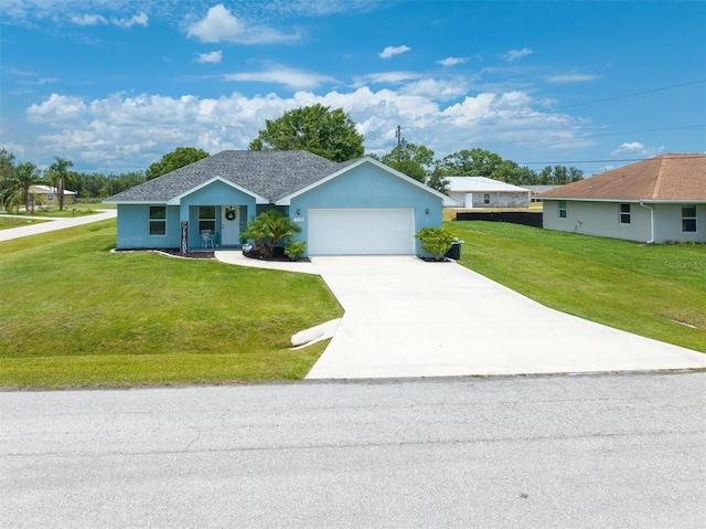 single story home featuring stucco siding, a porch, an attached garage, a front yard, and driveway