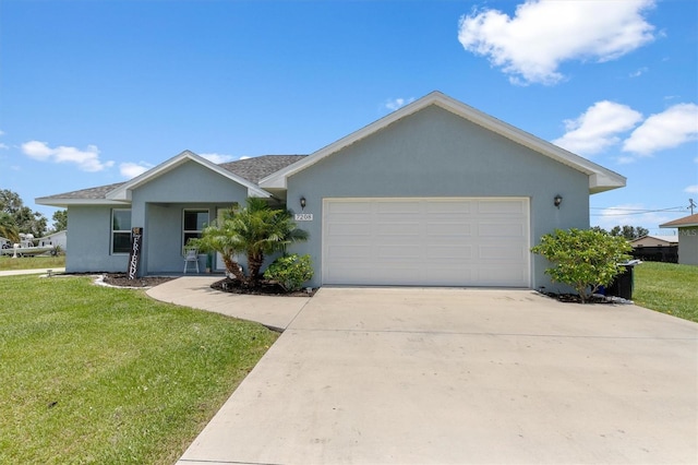 ranch-style house with stucco siding, a shingled roof, concrete driveway, a garage, and a front lawn