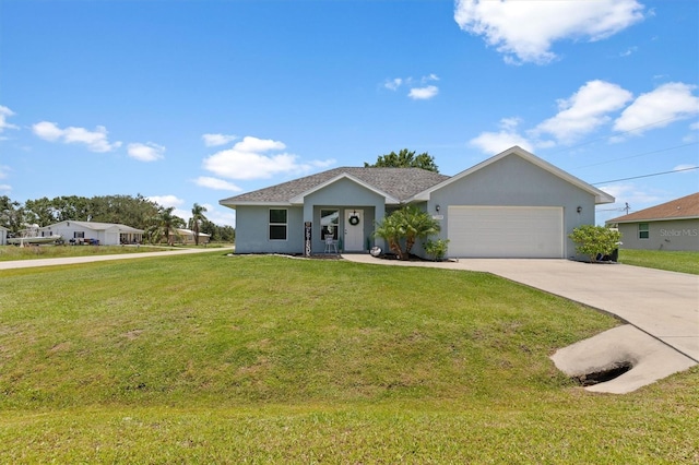 ranch-style house with a garage, concrete driveway, a front yard, and stucco siding