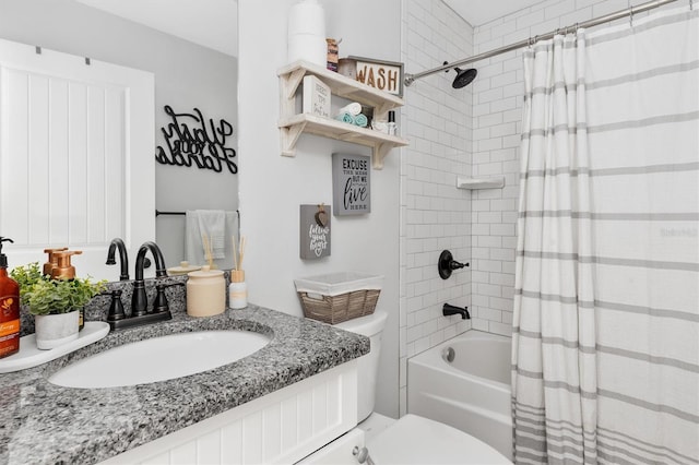 full bathroom with toilet, vanity, and shower / bathtub combination with curtain