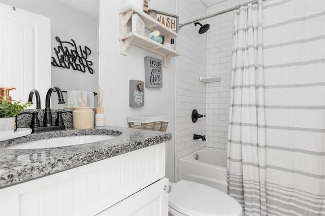 full bath featuring toilet, shower / tub combo with curtain, and vanity